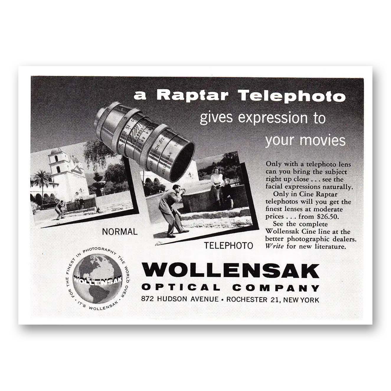 1955 Wollensak Optical Raptar Telephoto Vintage Magazine Print Ad