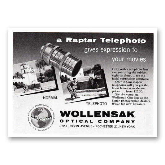 1955 Wollensak Optical Raptar Telephoto Vintage Magazine Print Ad