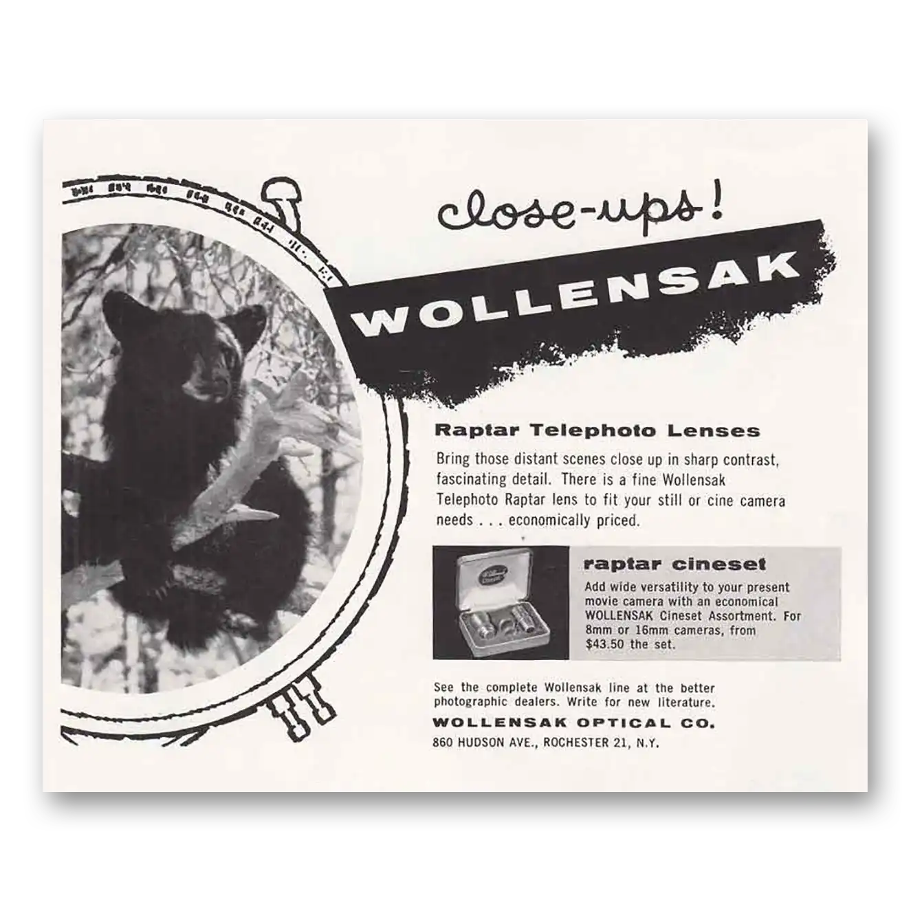 1955 Wollensak Telephoto Lenses Raptar Telephoto Lenses Vintage Magazine Print Ad