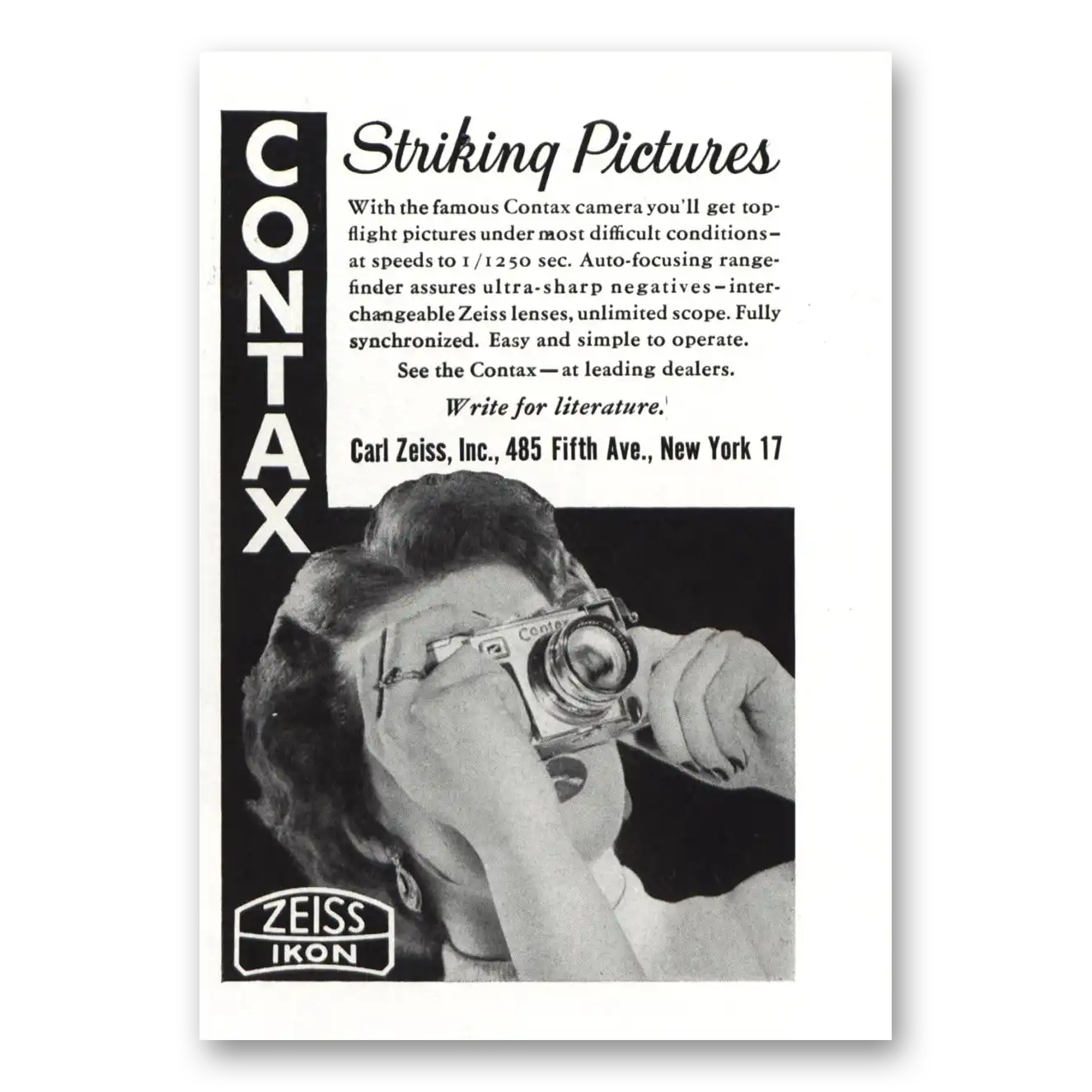 1955 Zeiss Ikon Camera Contax Camera Striking Pictures Vintage Magazine Print Ad