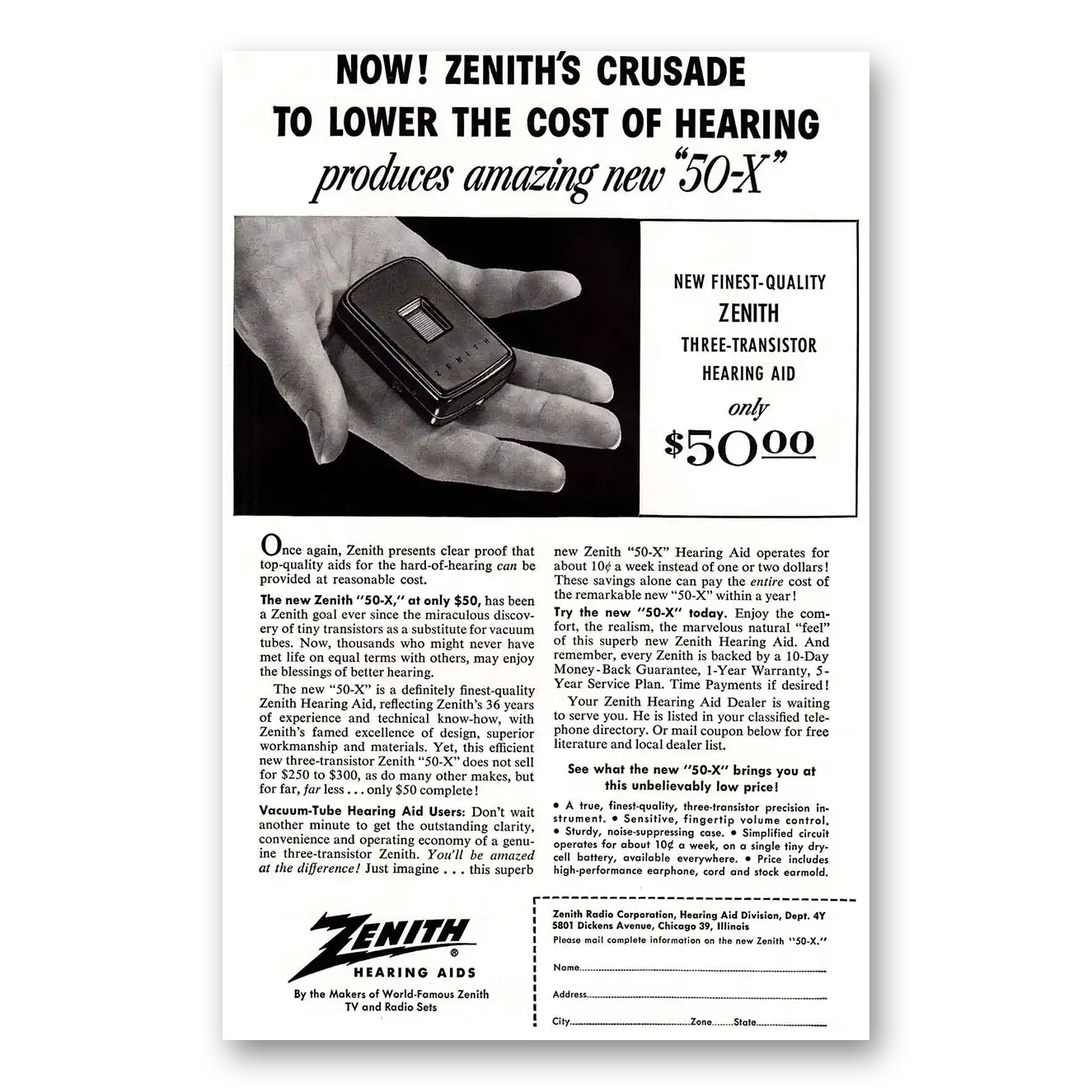 1955 Zenith Hearing Aid Crusade to Lower Cost of Hearing Vintage Magazine Print Ad