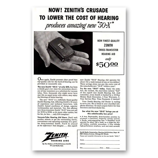 1955 Zenith Hearing Aid Crusade to Lower Cost of Hearing Vintage Magazine Print Ad