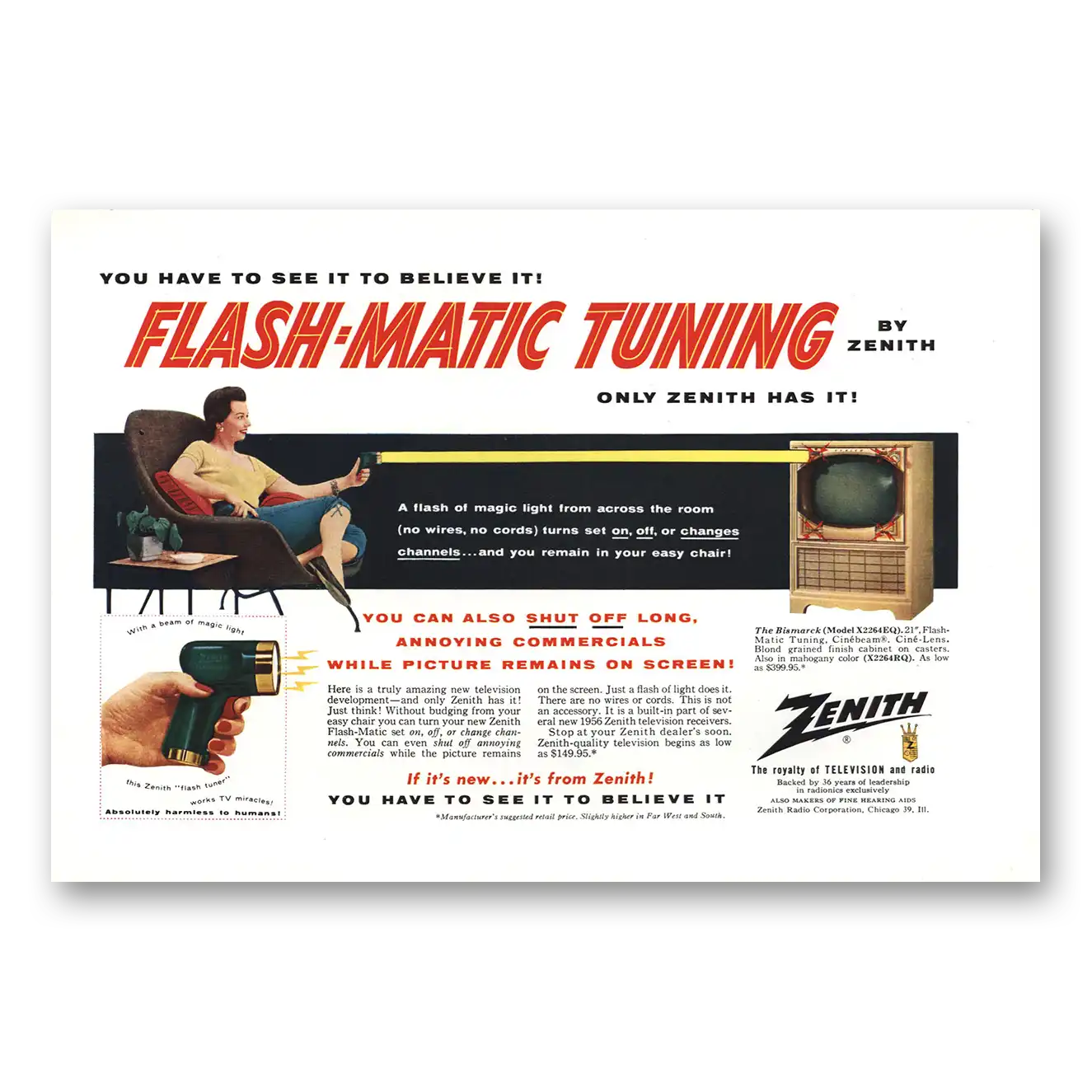 1955 Zenith Television Flash Matic Tuning Vintage Magazine Print Ad