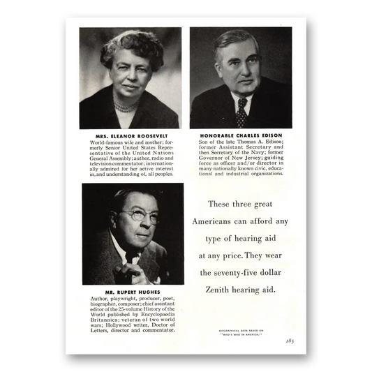 1955 Zenith Hearing Aid Eleanor Roosevelt Vintage Magazine Print Ad