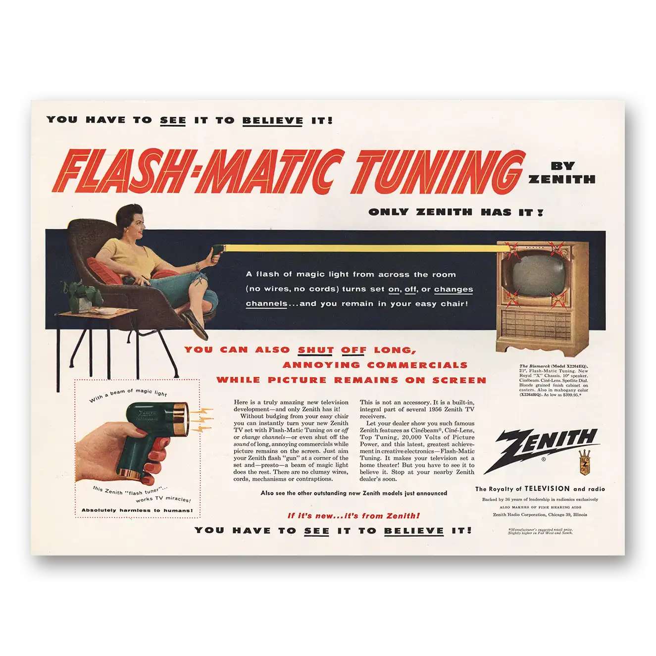 1955 Zenith Television Flash Matic Tuning Vintage Magazine Print Ad