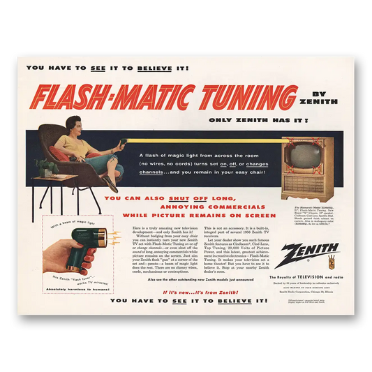 1955 Zenith Television Flash Matic Tuning Vintage Magazine Print Ad