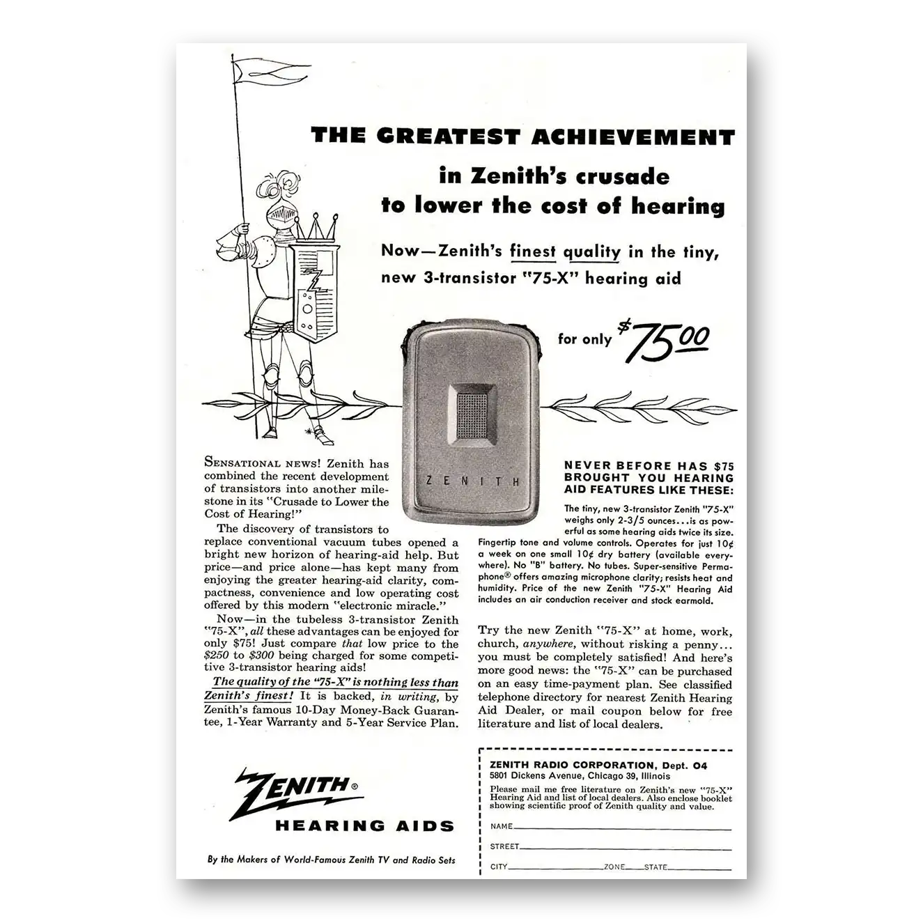 1955 Zenith Hearing Aid Greatest Achievement Vintage Magazine Print Ad