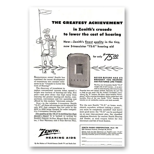 1955 Zenith Hearing Aid Greatest Achievement Vintage Magazine Print Ad