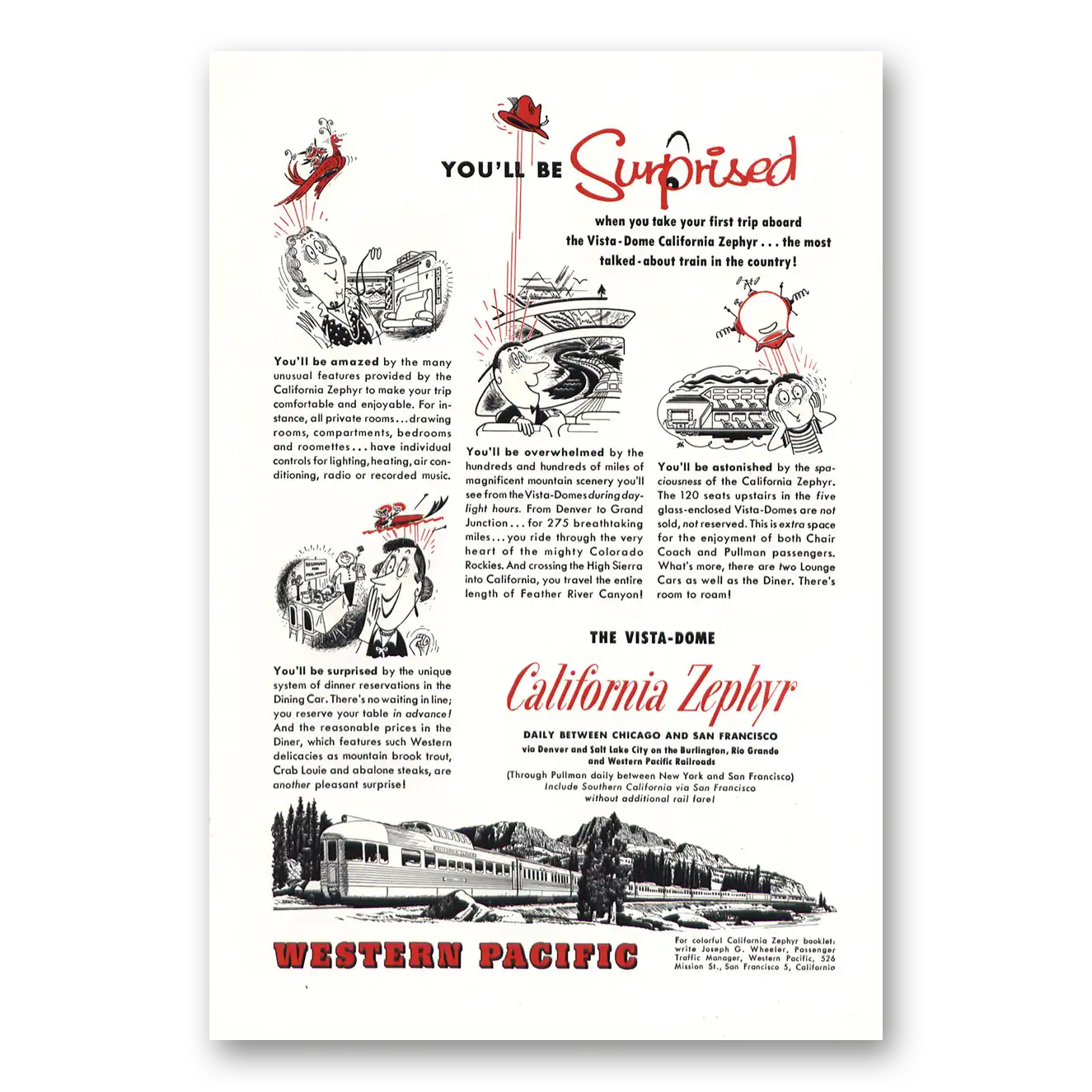 1955 California Zephyr Be Surprised Vintage Magazine Print Ad