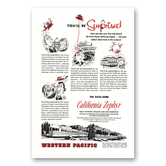 1955 California Zephyr Be Surprised Vintage Magazine Print Ad