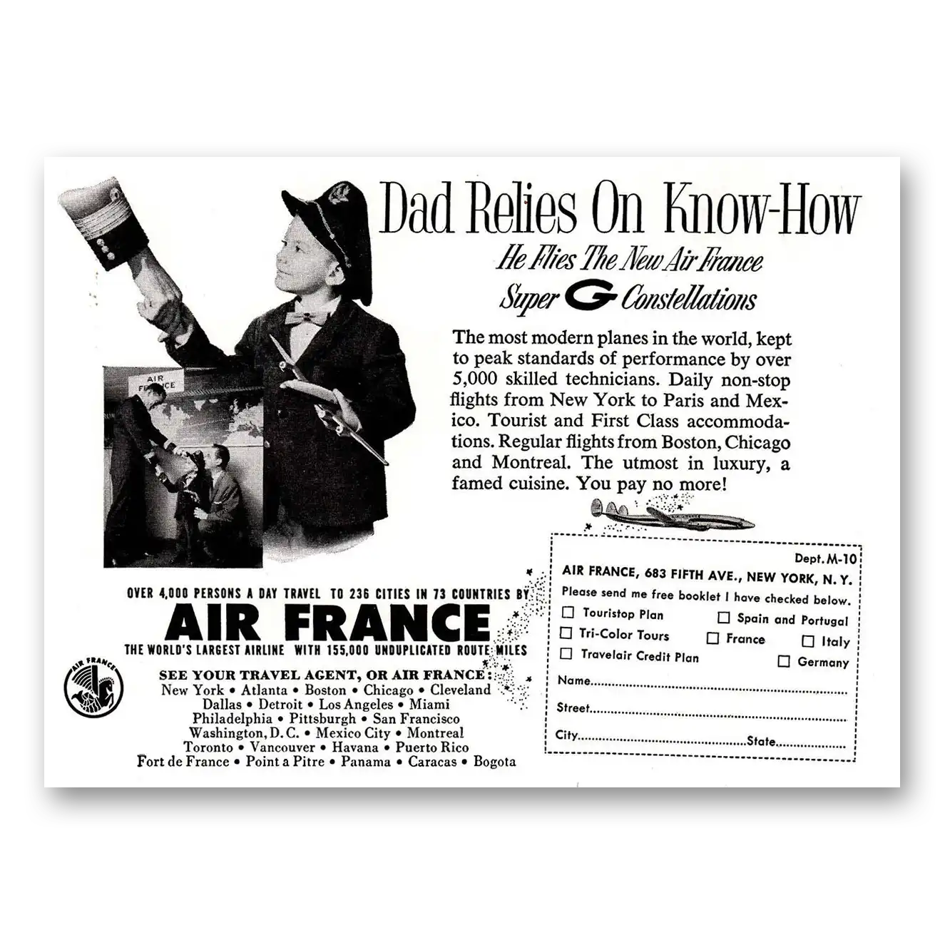 1956 Air France Dad Relies on Know How Vintage Magazine Print Ad