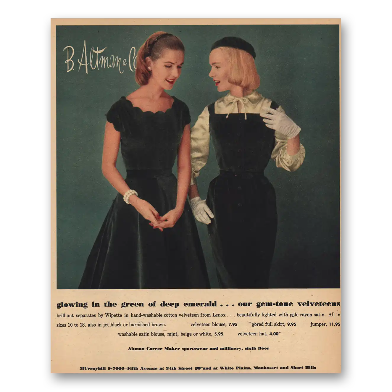 1956 B Altman Glowing In the Green Vintage Magazine Print Ad