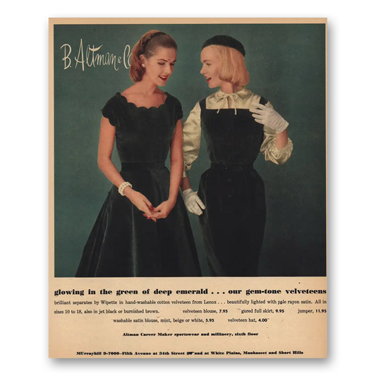 1956 B Altman Glowing In the Green Vintage Magazine Print Ad