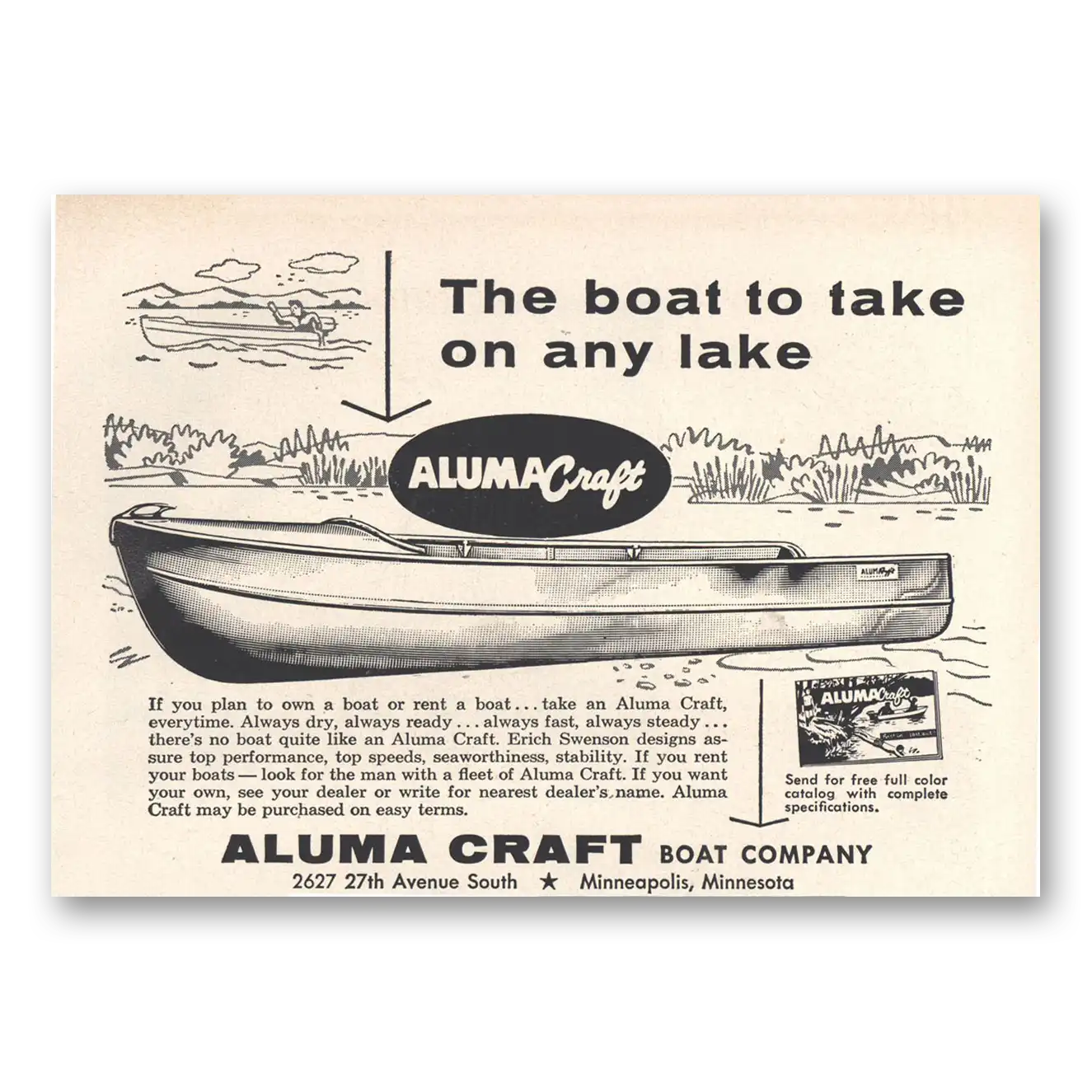 1956 Aluma Craft Boat Company Boat to Take On Any Lake Vintage Magazine Print Ad