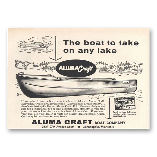 1956 Aluma Craft Boat Company Boat to Take On Any Lake Vintage Magazine Print Ad