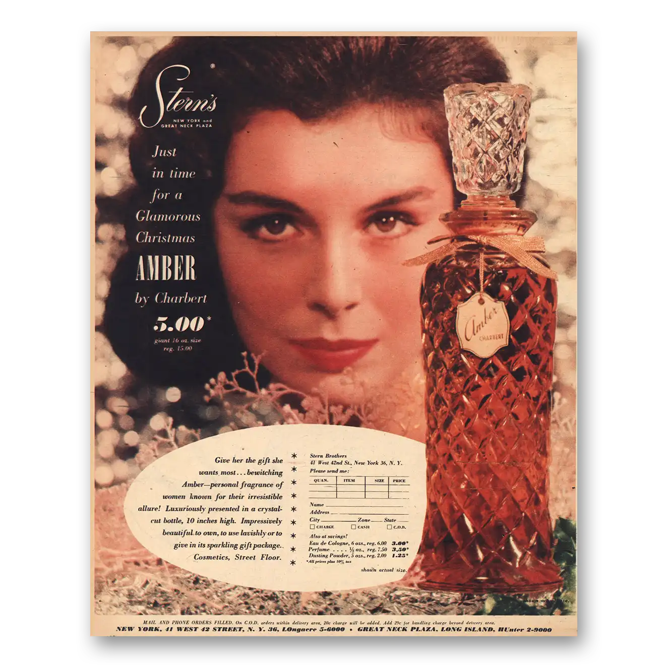 1956 Charbert Amber Perfume Glamorous Christmas Vintage Magazine Print Ad