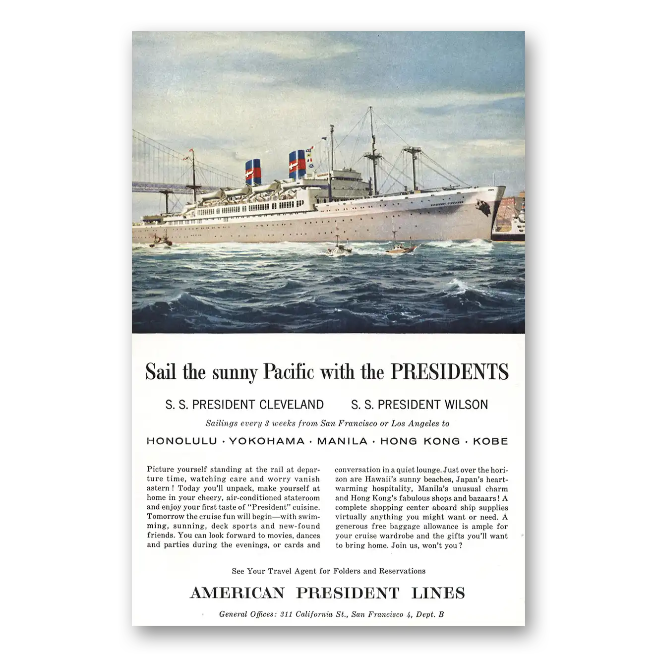 1956 American President Lines President Cleveland Wilson Vintage Magazine Print Ad