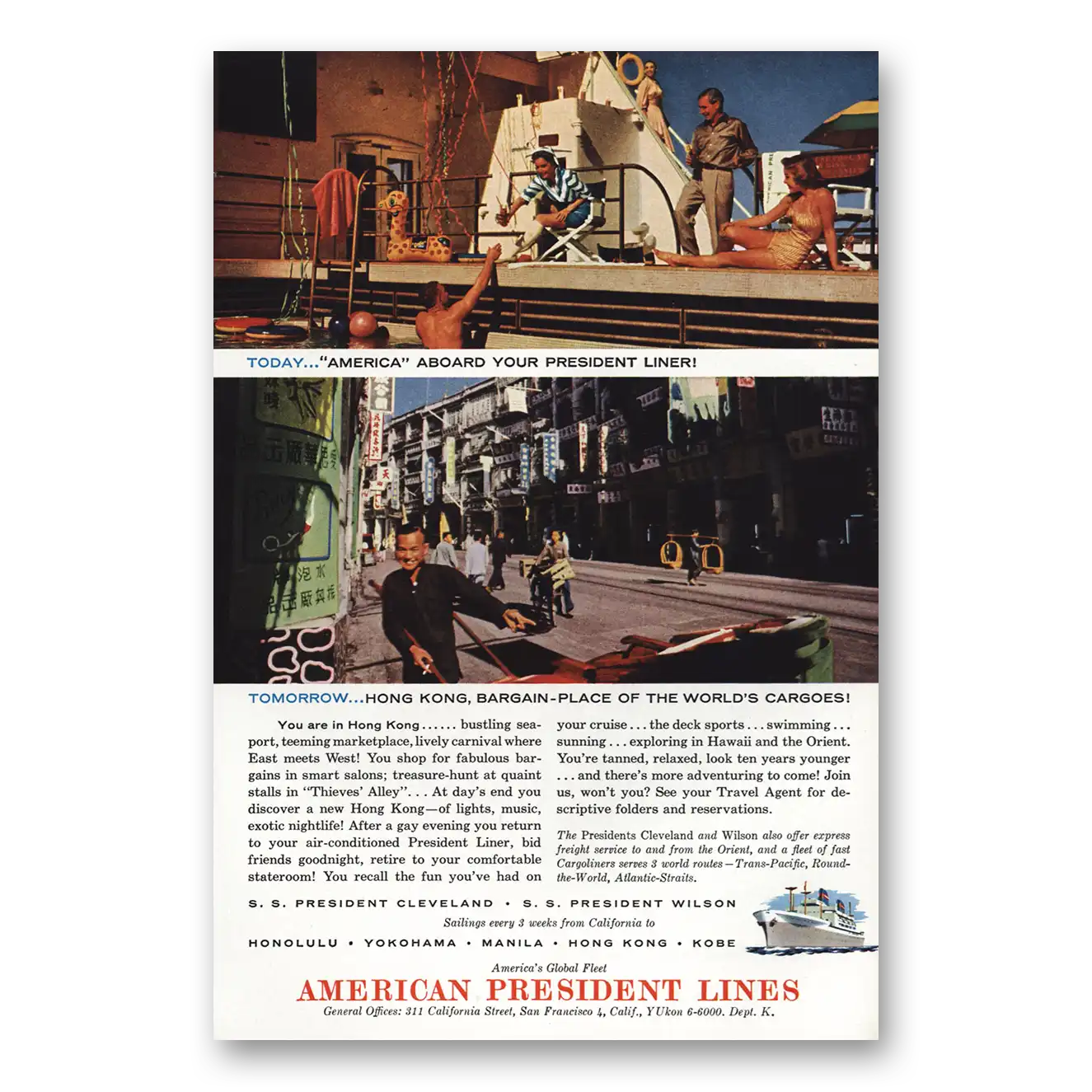 1956 American President Lines Hong Kong Bustling Seaport Vintage Magazine Print Ad