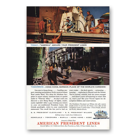 1956 American President Lines Hong Kong Bustling Seaport Vintage Magazine Print Ad