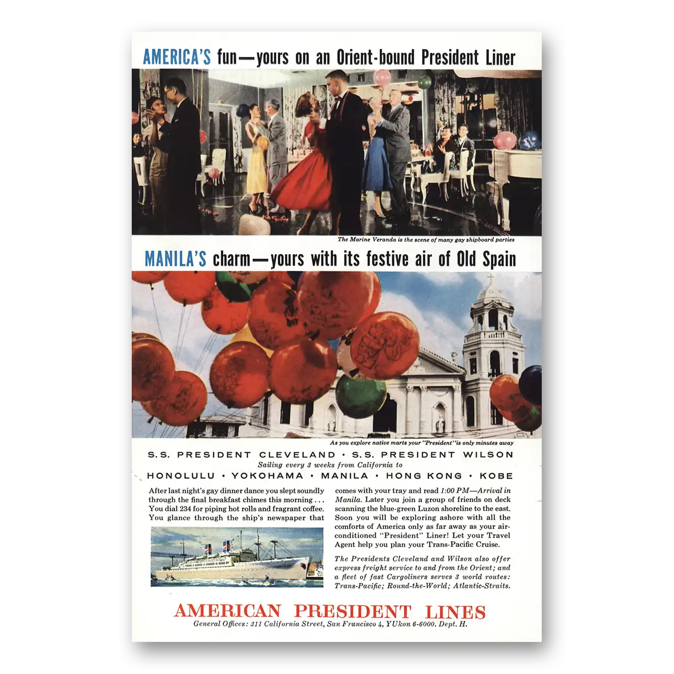 1956 American President Lines Manilas Charm Vintage Magazine Print Ad