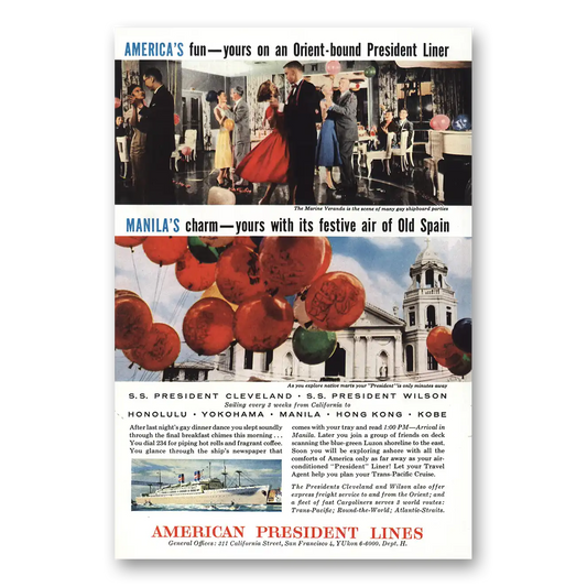 1956 American President Lines Manilas Charm Vintage Magazine Print Ad