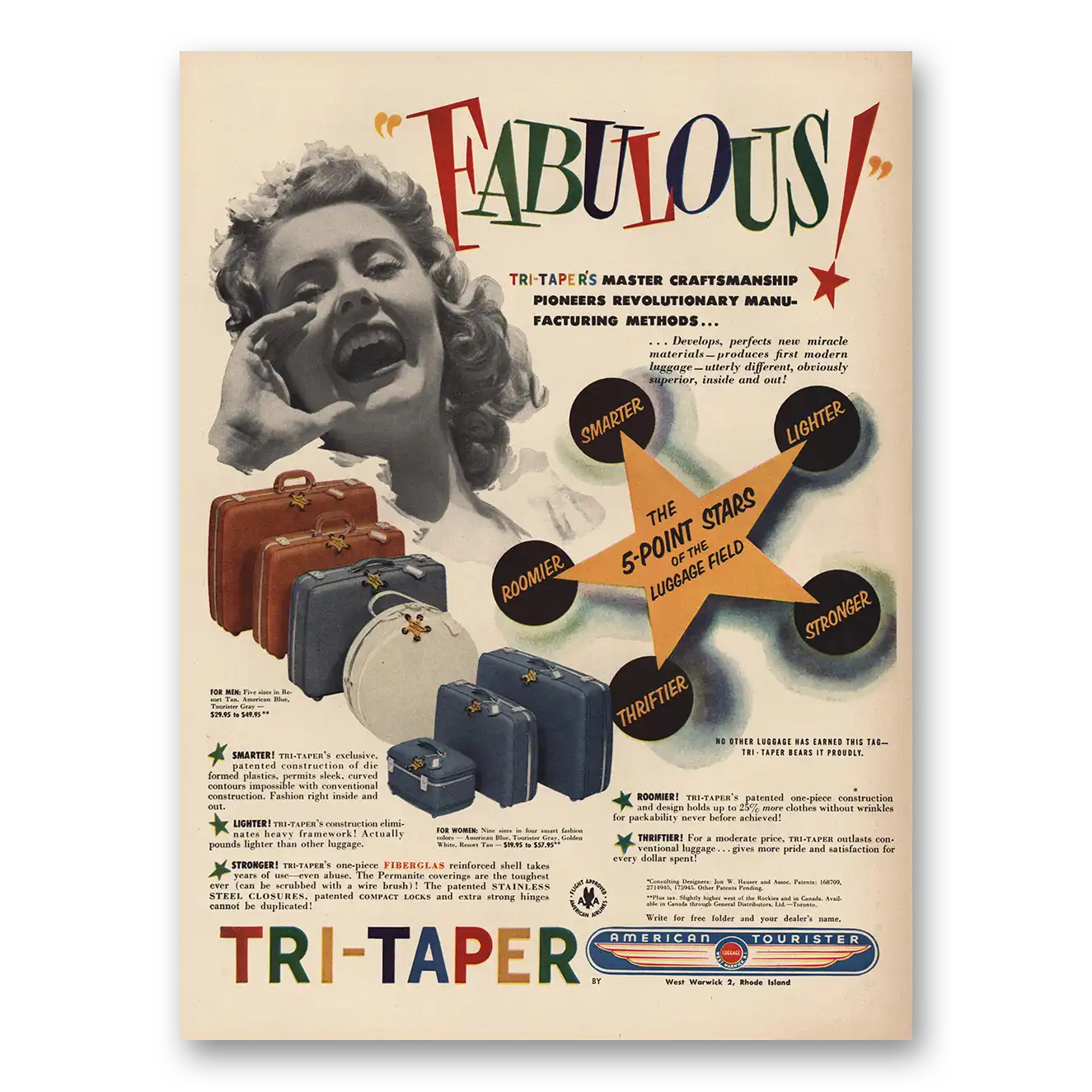 1956 American Tourister Luggage Fabulous Tri Taper Vintage Magazine Print Ad