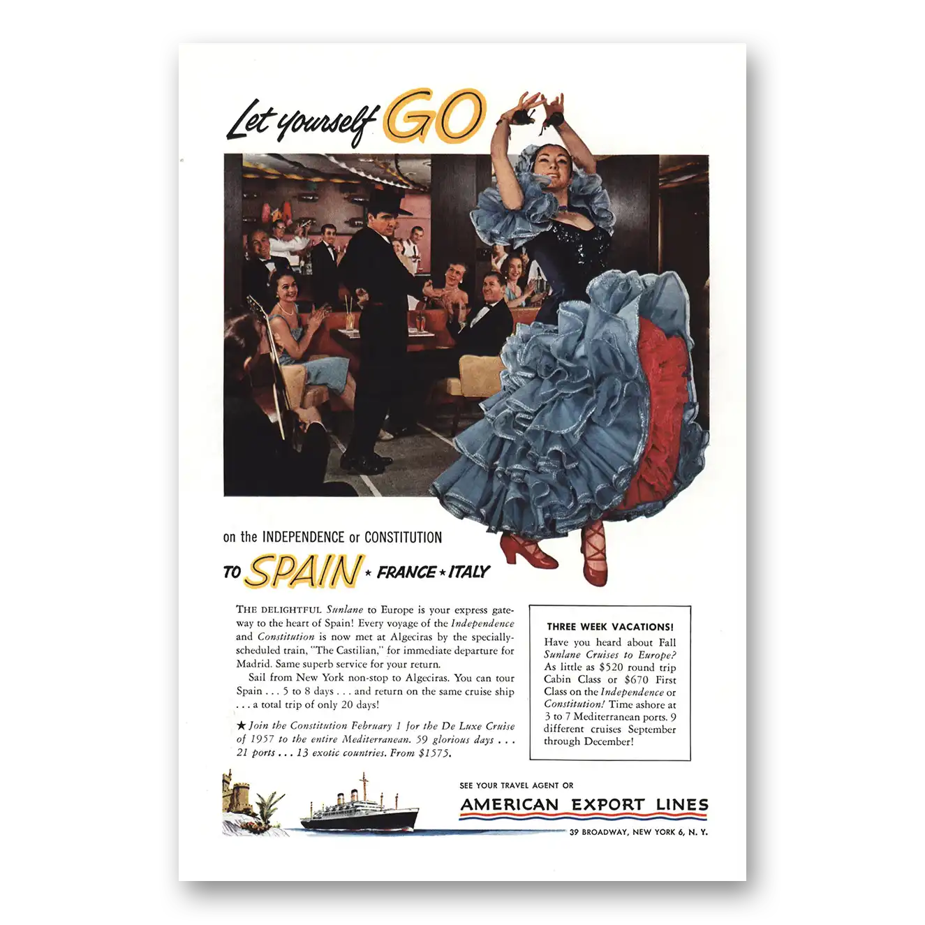 1956 American Export Lines Let Yourself Go Spain Vintage Magazine Print Ad