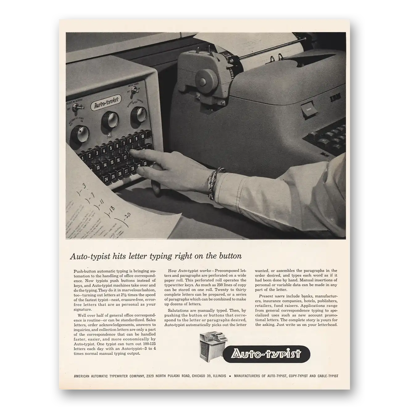 1956 American Automatic Typewriter Auto Typist Hits Letter Typing Right On the Button Vintage Magazine Print Ad