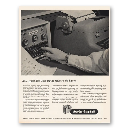 1956 American Automatic Typewriter Auto Typist Hits Letter Typing Right On the Button Vintage Magazine Print Ad