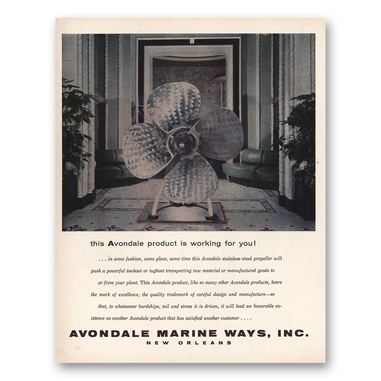 1956 Avondale Marine Ways Stainless Steel Propeller Vintage Magazine Print Ad