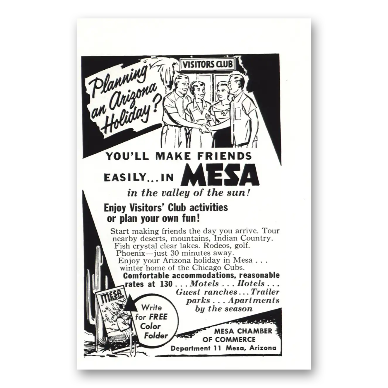 1956 Mesa Arizona Make Friends Visitors Club Vintage Magazine Print Ad