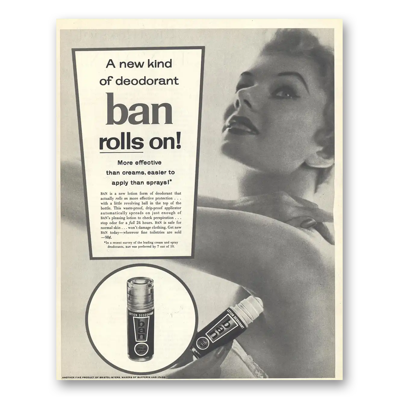 1956 Ban Deoderant Rolls On More Effective Than Creams Vintage Magazine Print Ad