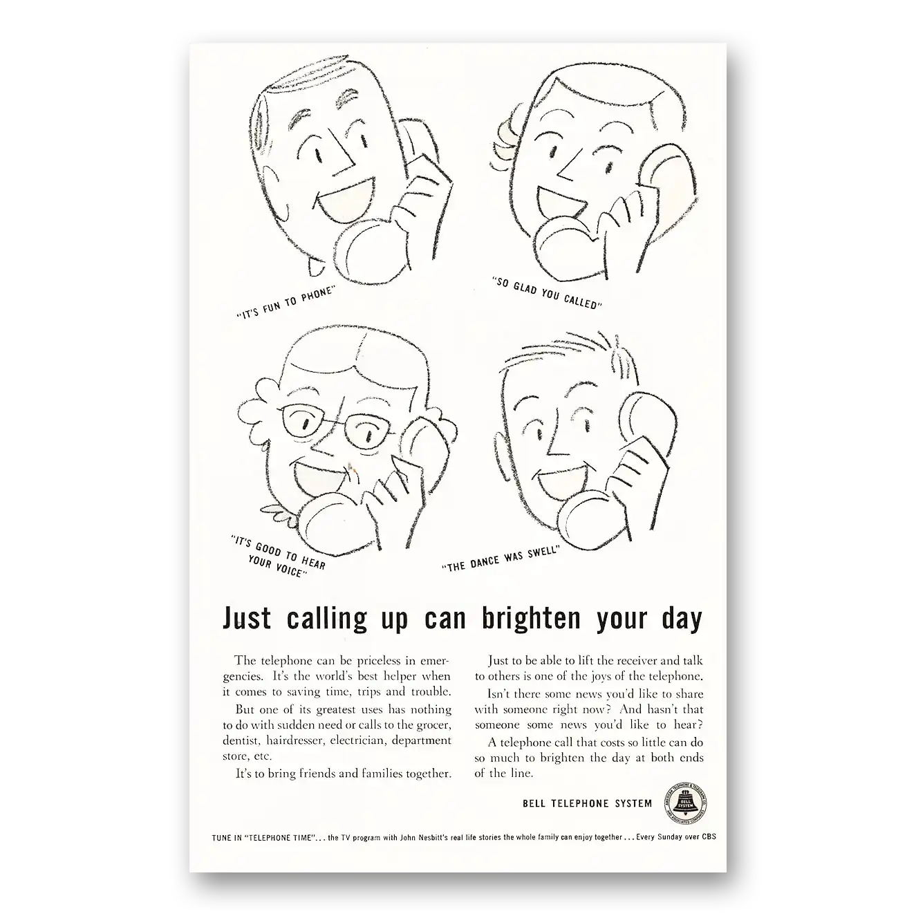 1956 Bell Telephone Brighten Your Day Vintage Magazine Print Ad