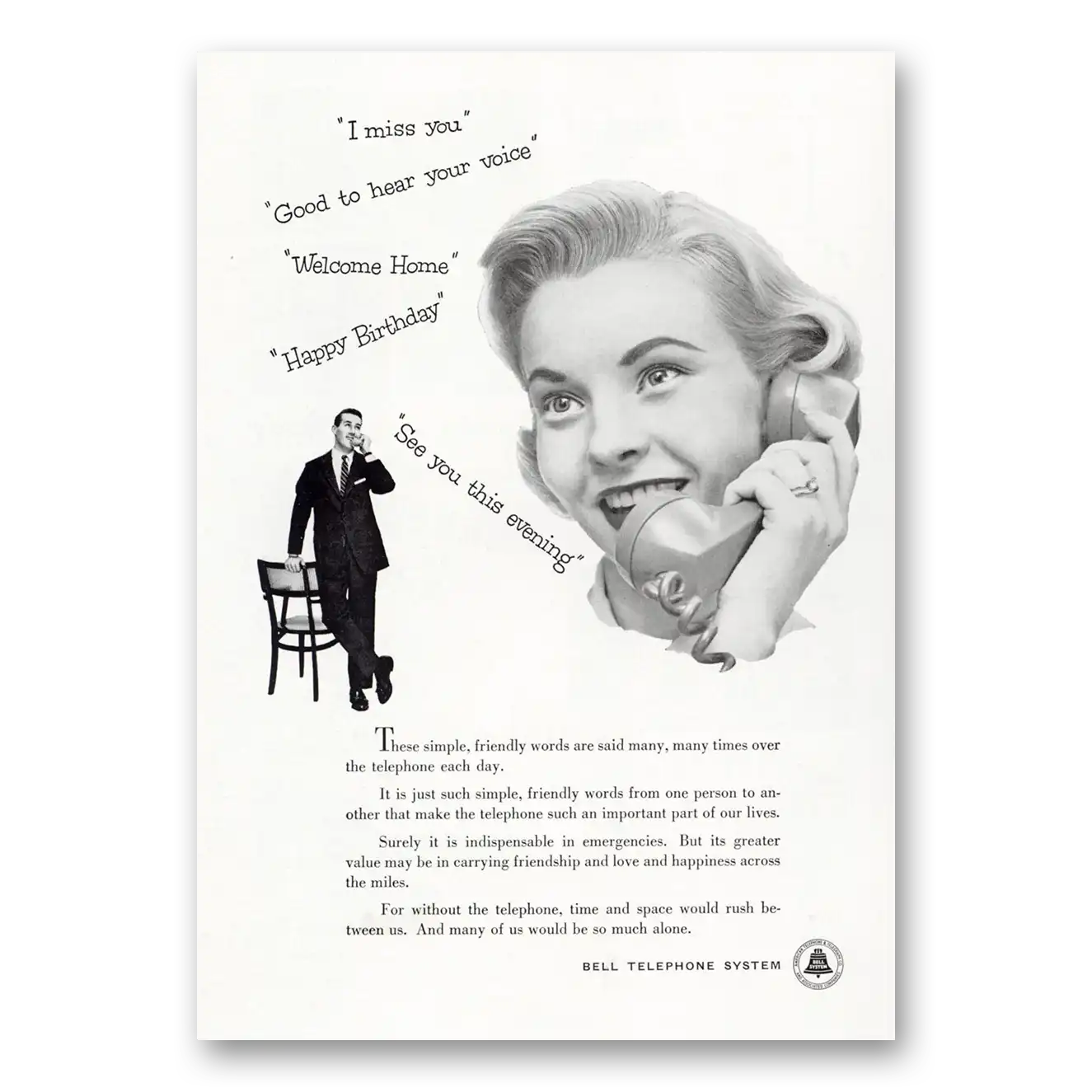 1956 Bell Telephone Simple Friendly Words Vintage Magazine Print Ad