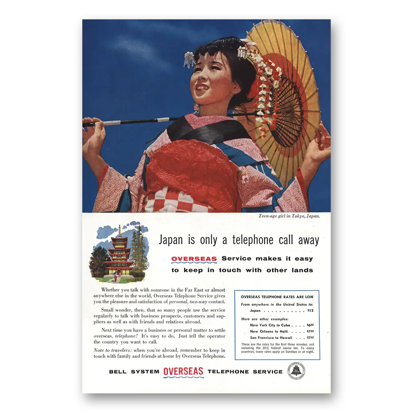 1956 Bell Telephone Teenage Girl In Tokyo Japan Vintage Magazine Print Ad