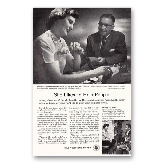 1956 Bell Telephone She Likes to Help People Vintage Magazine Print Ad