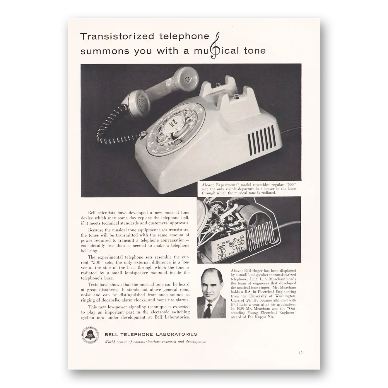 1956 Bell Telephone Transistorized Telephone Summons You With a Musical Tone Vintage Magazine Print Ad