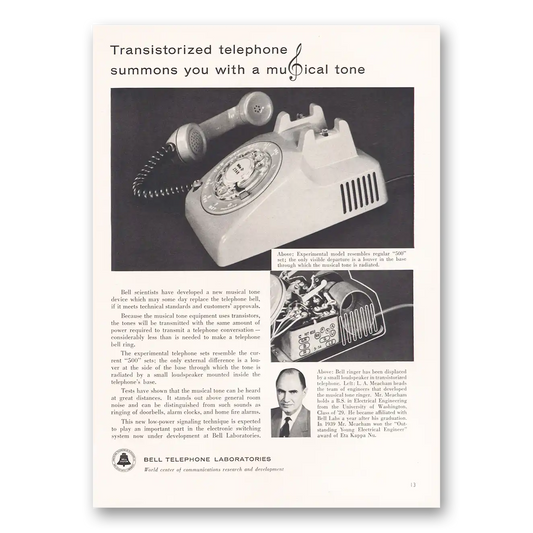 1956 Bell Telephone Transistorized Telephone Summons You With a Musical Tone Vintage Magazine Print Ad