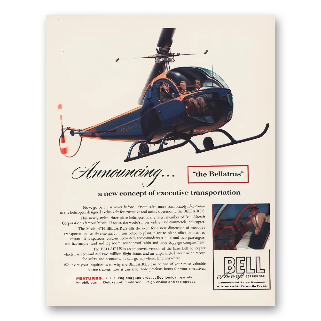 1956 Bell Bellairus Helicopter Executive Transportation Vintage Magazine Print Ad