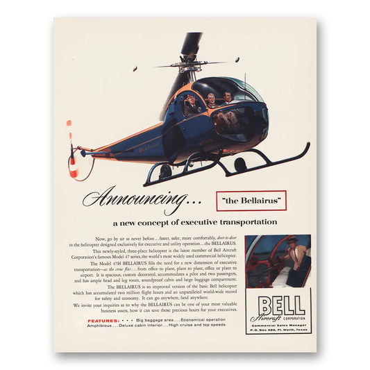 1956 Bell Bellairus Helicopter Executive Transportation Vintage Magazine Print Ad