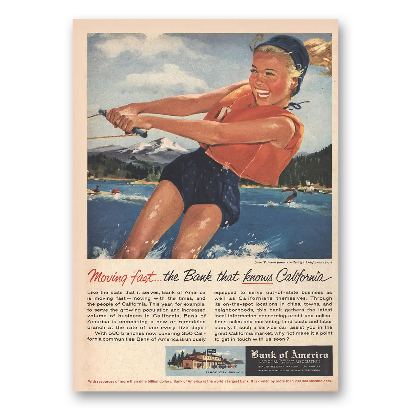 1956 Bank of America Lake Tahoe Moving Fast Vintage Magazine Print Ad