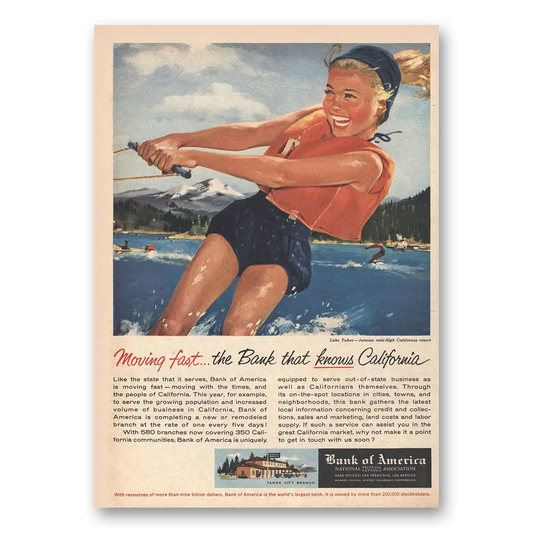 1956 Bank of America Lake Tahoe Moving Fast Vintage Magazine Print Ad