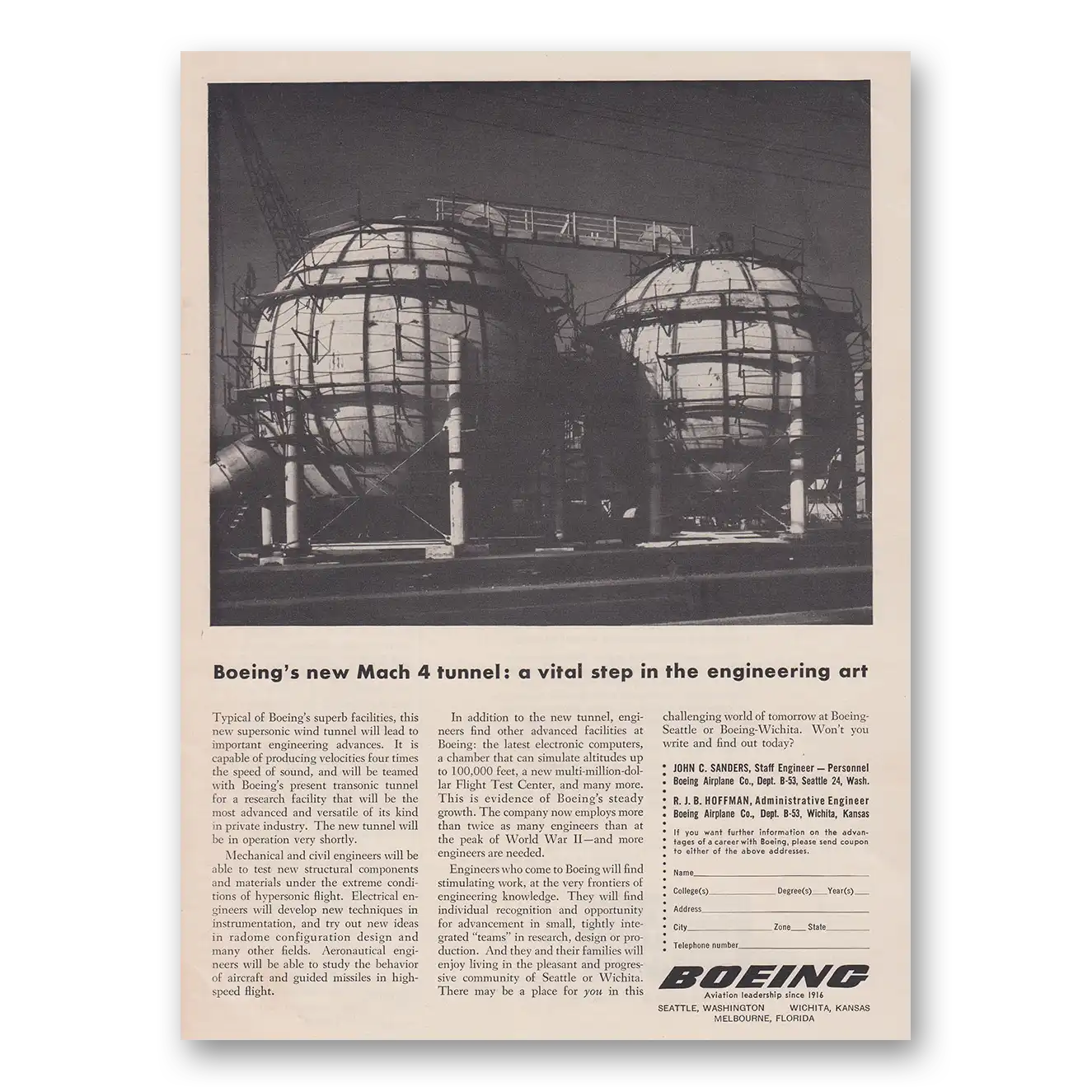 1956 Boeing March 4 Tunnel A Vital Step in the Engineering Art Vintage Magazine Print Ad