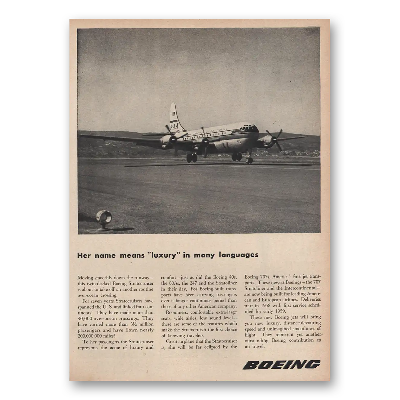 1956 Boeing Stratocruiser Her Name Means Luxury In Many Languages Vintage Magazine Print Ad