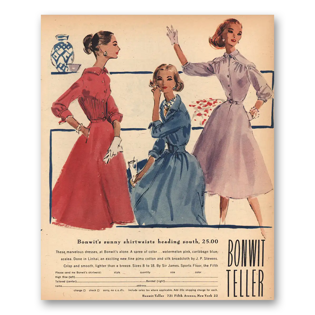 1956 Bonwit Teller Sunny Shirtwaists Heading South Vintage Magazine Print Ad