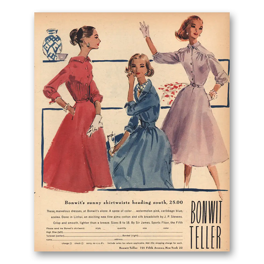 1956 Bonwit Teller Sunny Shirtwaists Heading South Vintage Magazine Print Ad