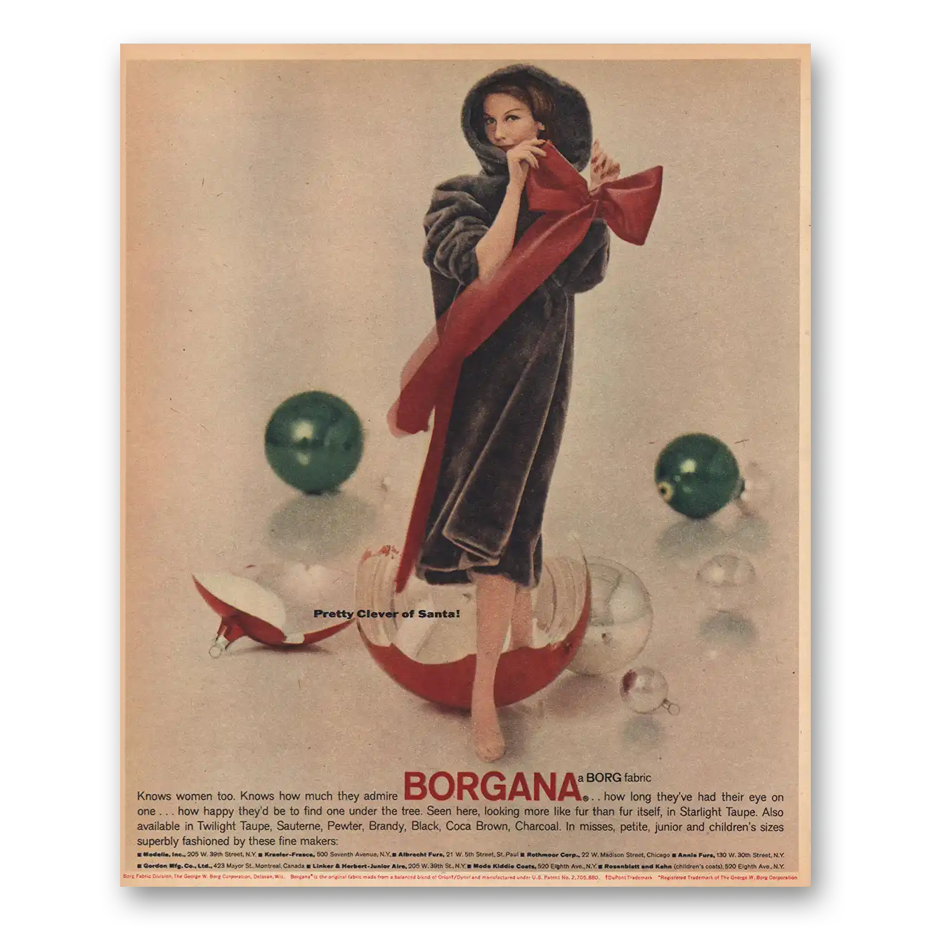 1956 Borgana Fabric Pretty Clever of Santa Vintage Magazine Print Ad