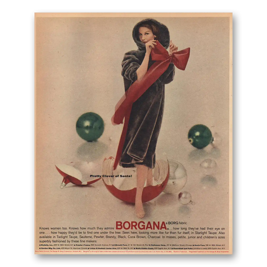 1956 Borgana Fabric Pretty Clever of Santa Vintage Magazine Print Ad