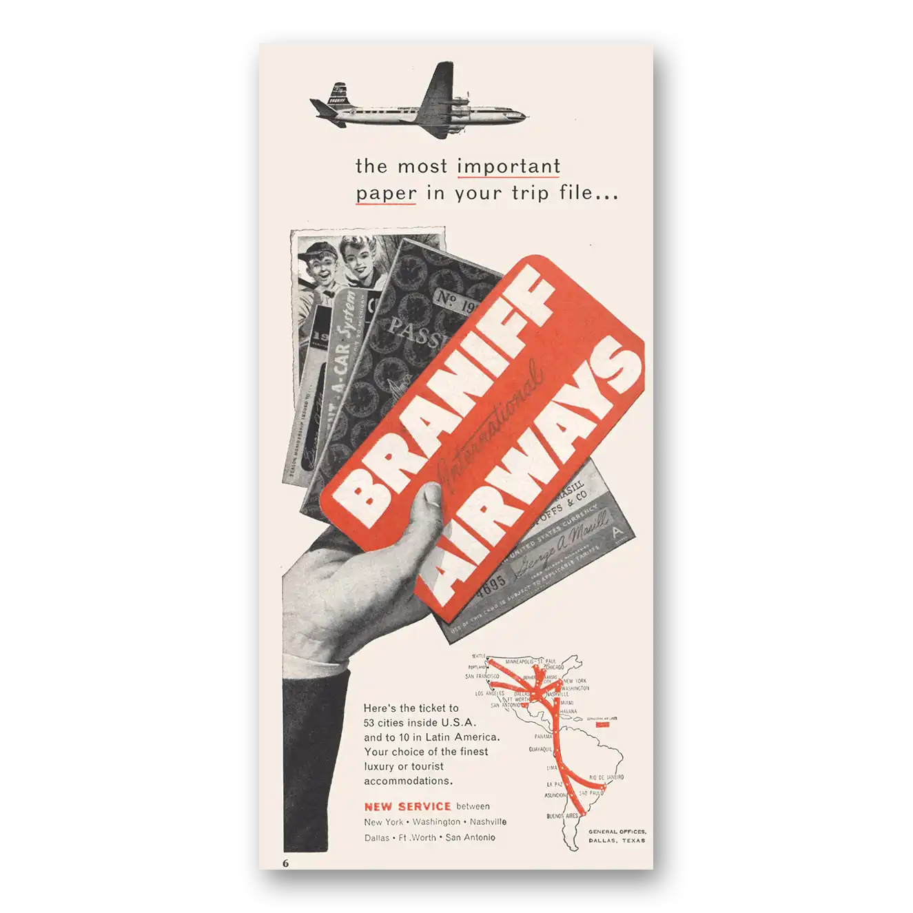 1956 Braniff International Airways Most Important Paper In Your Trip File Vintage Magazine Print Ad