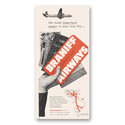 1956 Braniff International Airways Most Important Paper In Your Trip File Vintage Magazine Print Ad